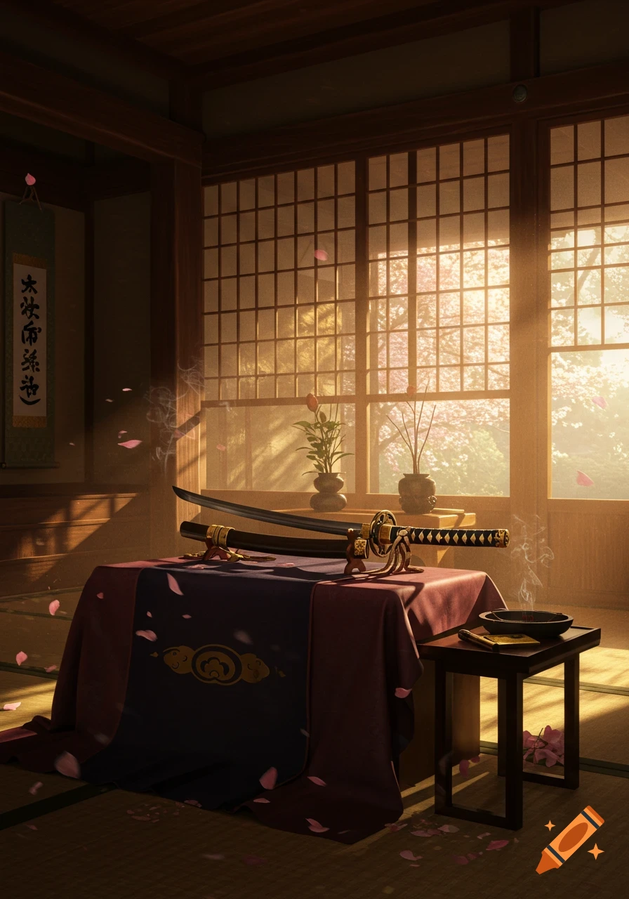 A katana rests on a draped table in a traditional Japanese room, with sunlight and cherry blossoms visible through shoji screens.