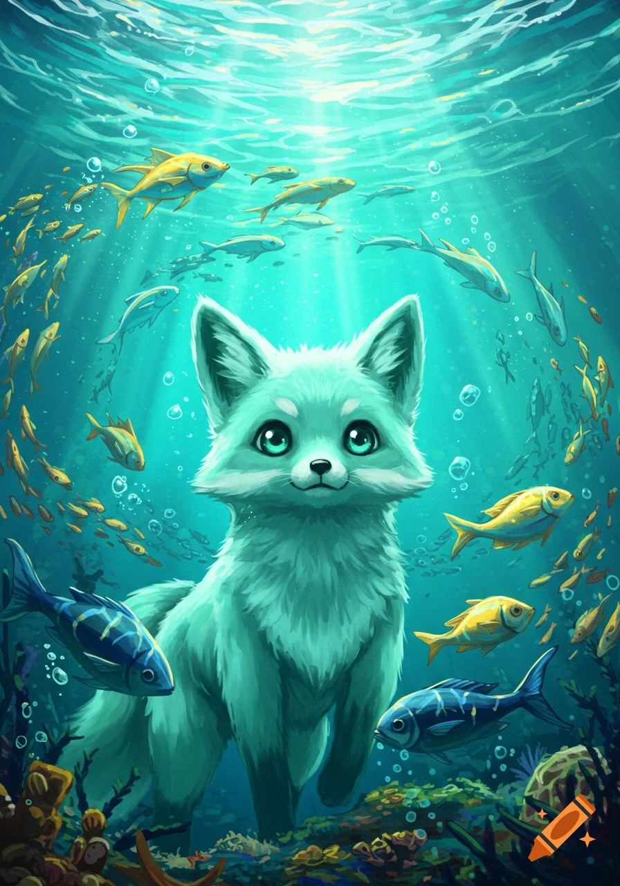 A cute light teal anime-style fox stands on the seabed surrounded by colorful fish and coral, with light shining from the surface.