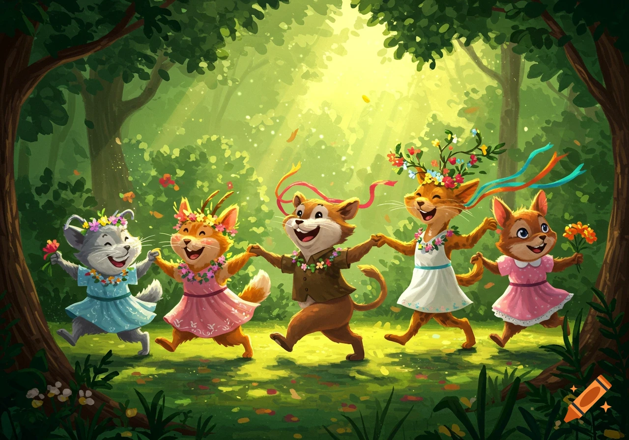 Five cheerful cartoon cat-like animals wearing flower crowns and leis, dancing in a bright, sunlit forest.