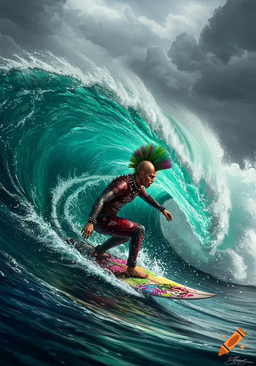 A punk rocker with a colorful mohawk surfs a large turquoise wave under a stormy sky in a realistic art style.