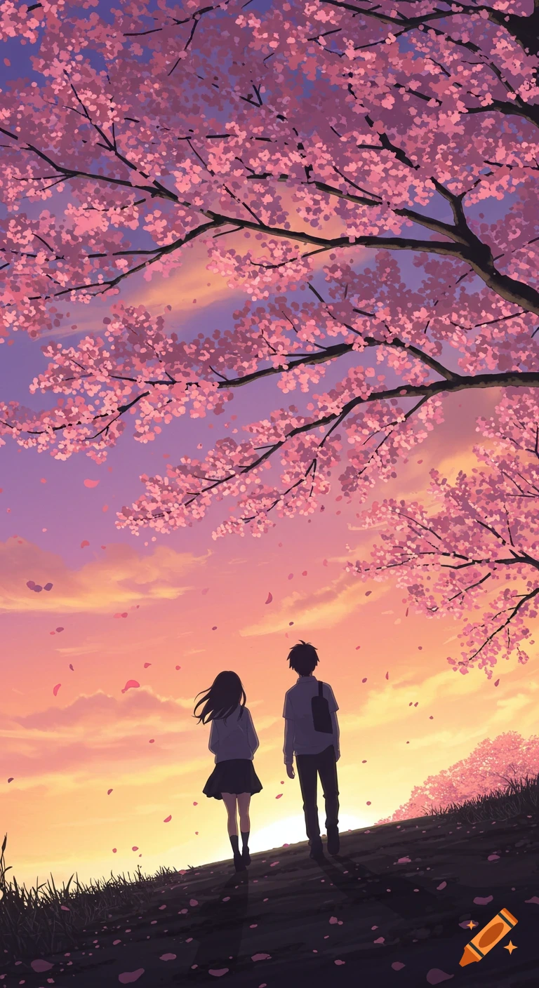 Anime illustration of a boy and girl walking up a hill under pink cherry blossom trees at sunset with falling petals.