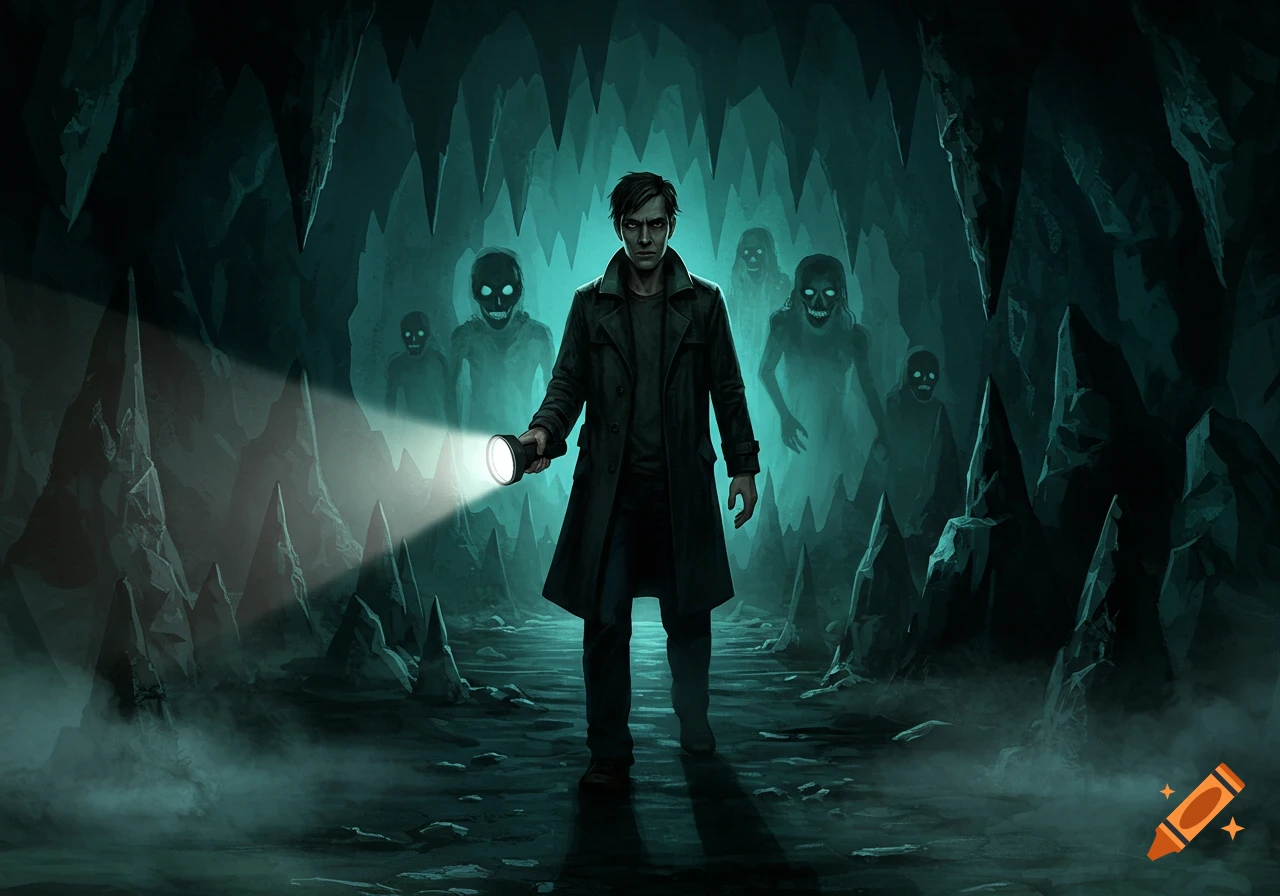 A man in a trench coat holding a flashlight faces menacing, glowing-eyed ghosts in a dark, misty cave.