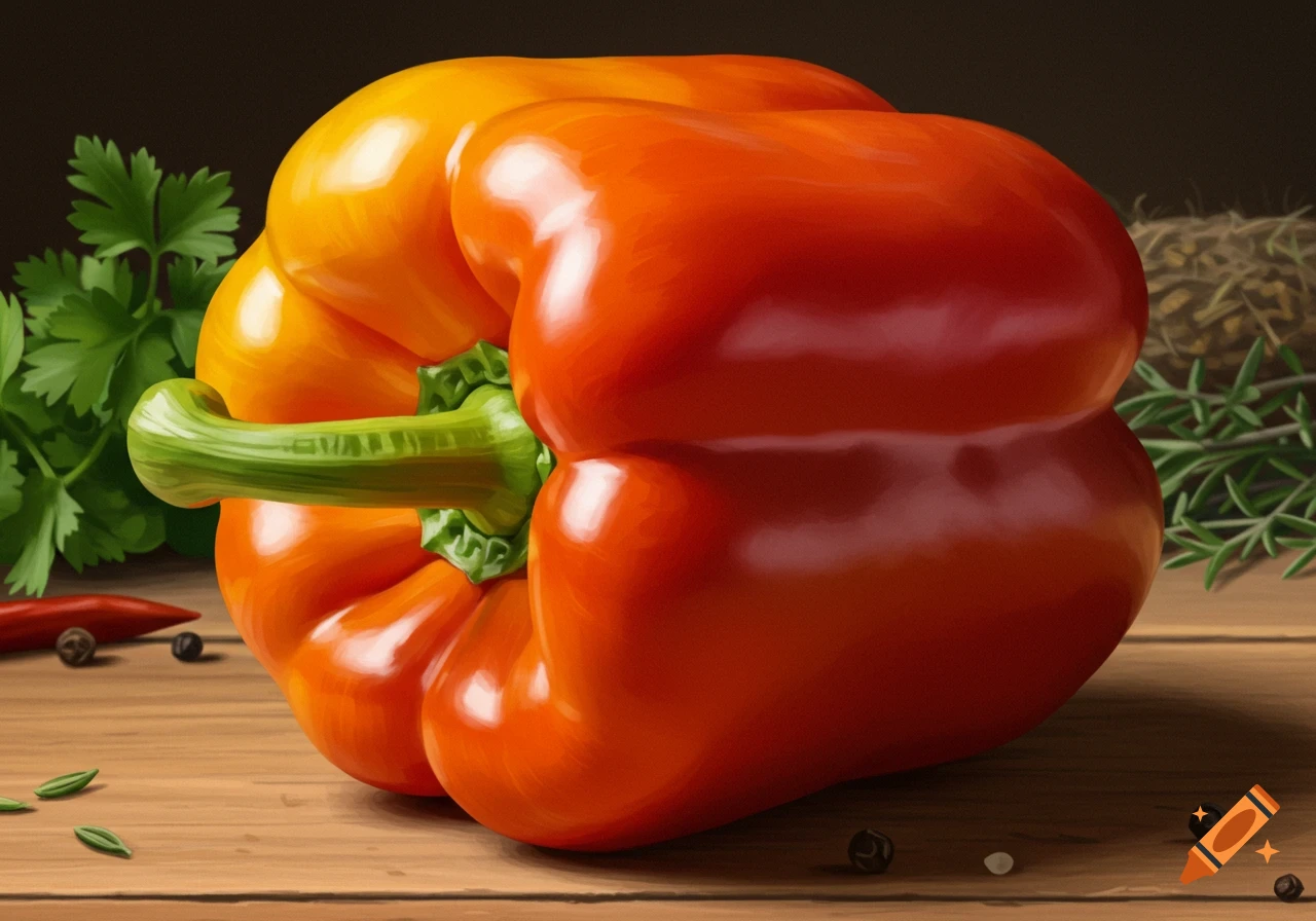A vibrant red and orange bell pepper lies on a rustic wooden table with green herbs and spices, rendered in a realistic painting style.