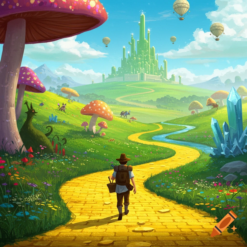 A person walks on a yellow brick road towards a green city in a vibrant fantasy landscape with mushrooms and creatures.