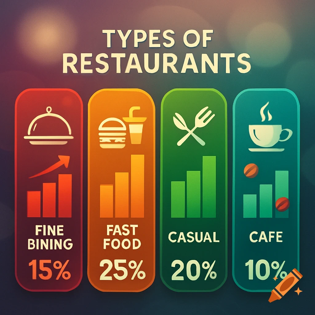 A stylized infographic showing types of restaurants: Fine Dining, Fast Food, Casual, and Cafe, with icons, graphs, and percentages.