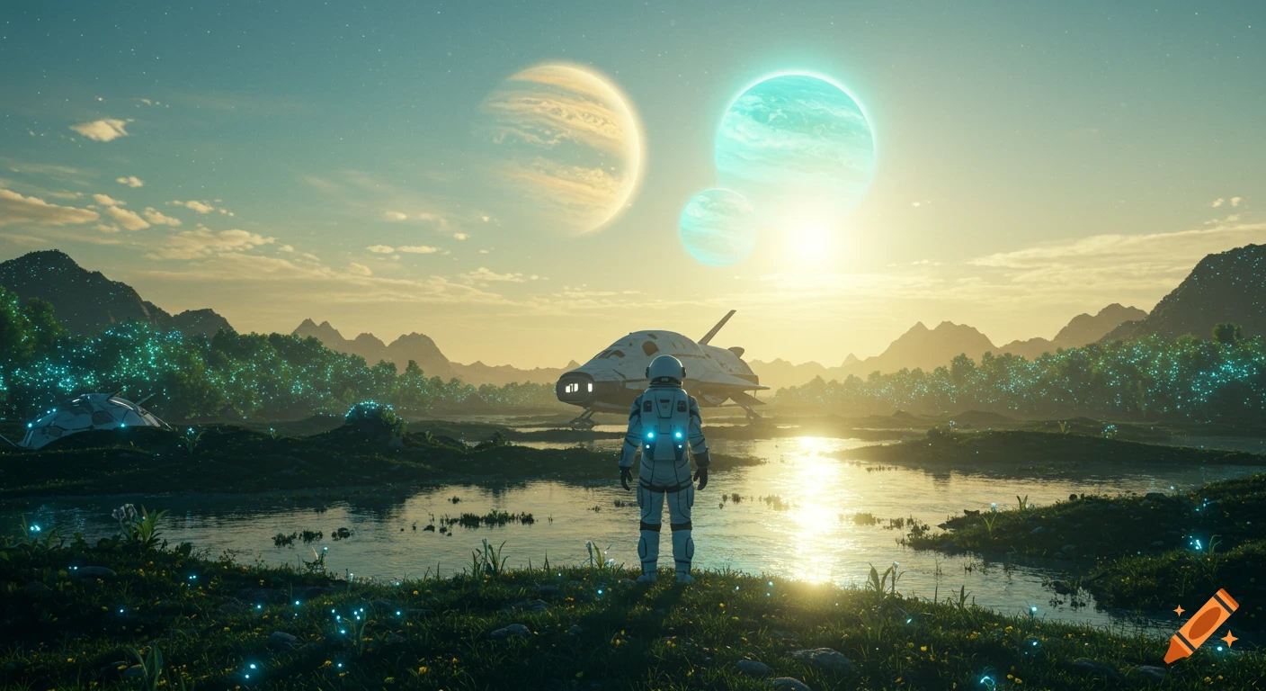 An astronaut stands on an alien planet, looking at their spacecraft, glowing forests, lakes, mountains, and multiple planets in a vibrant sky.