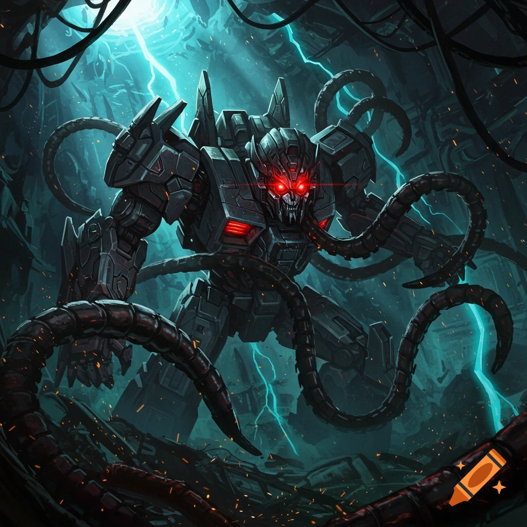 A menacing dark robot with glowing red eyes and tentacle-like appendages in a lightning-lit industrial ruin.