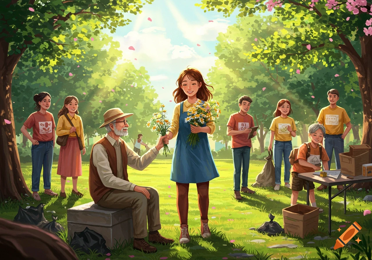 A diverse group of people, including children and an elderly man, gather flowers and clean up a sunny park. Illustrated style.