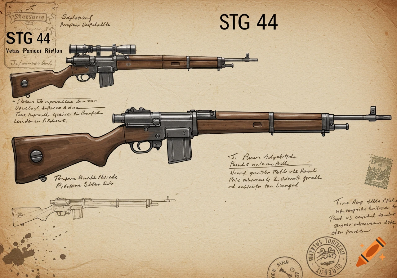 A vintage-style scrapbook drawing of an STG 44 rifle with a scope on a light brown background, accompanied by handwritten notes and a smaller line drawing of the rifle.