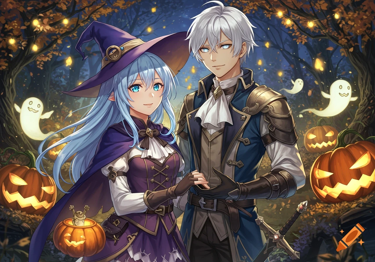 Anime couple in fantasy Halloween costumes, a blue-haired witch and a white-haired knight, stand in a forest with glowing jack-o'-lanterns and ghosts.