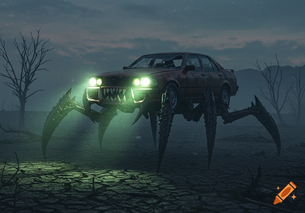 A rusty, monstrous car with fangs and spider legs, headlights glowing green, stands on cracked ground in a dark, misty, barren landscape.