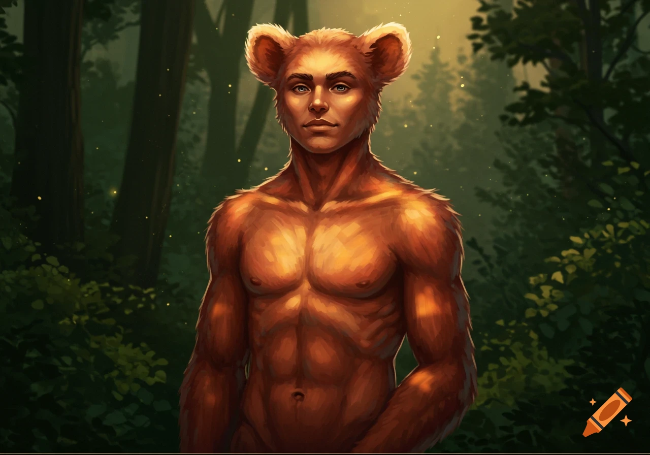A muscular, furry, bear-eared humanoid with a human face stands in a lush forest, digital art style.