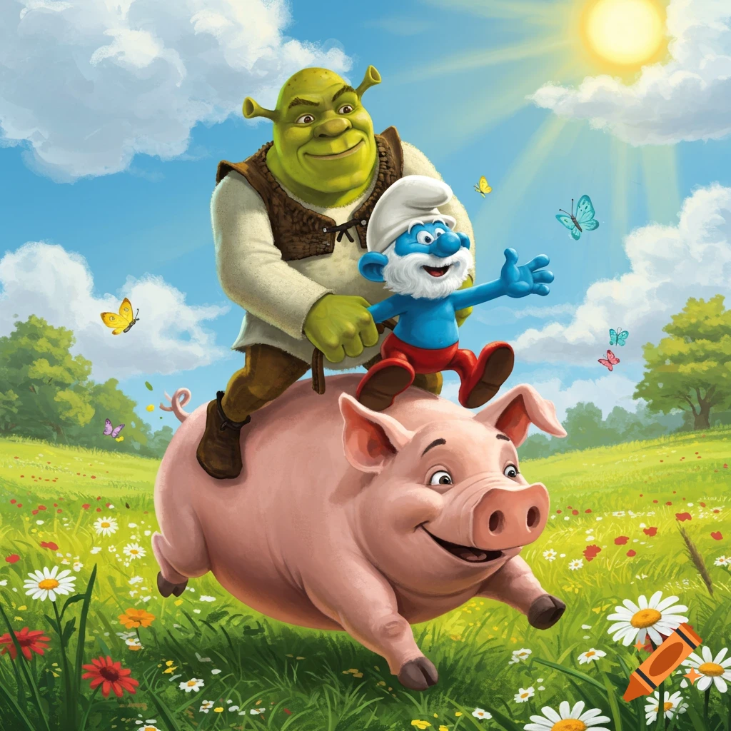 Shrek and Papa Smurf ride a happy pink pig through a vibrant, sunny meadow filled with colorful wildflowers.