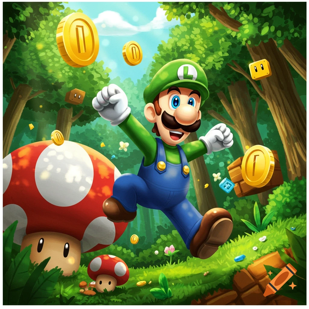 A vibrant cartoon illustration of Luigi jumping in a lush green forest, surrounded by floating golden coins and mushrooms.