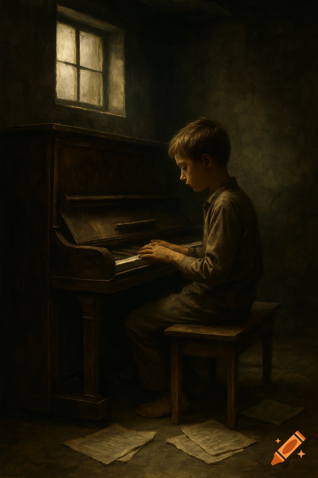 A young boy plays an old piano in a dimly lit room, illuminated by a window. Music sheets lie on the floor. Dark, painterly style.