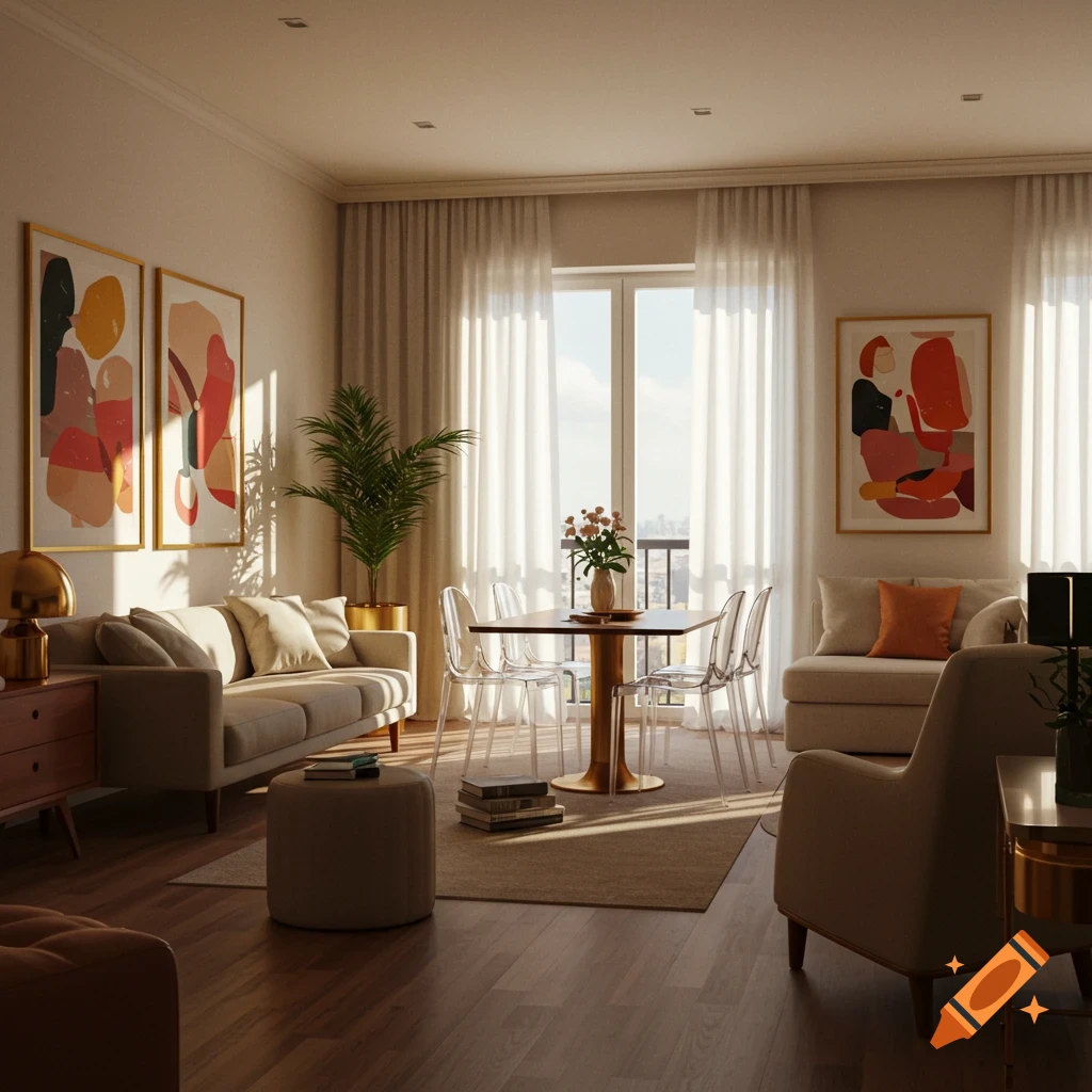 A sunlit modern apartment interior featuring a living room with a beige couch and abstract art, and a dining area with a wood table and clear chairs.