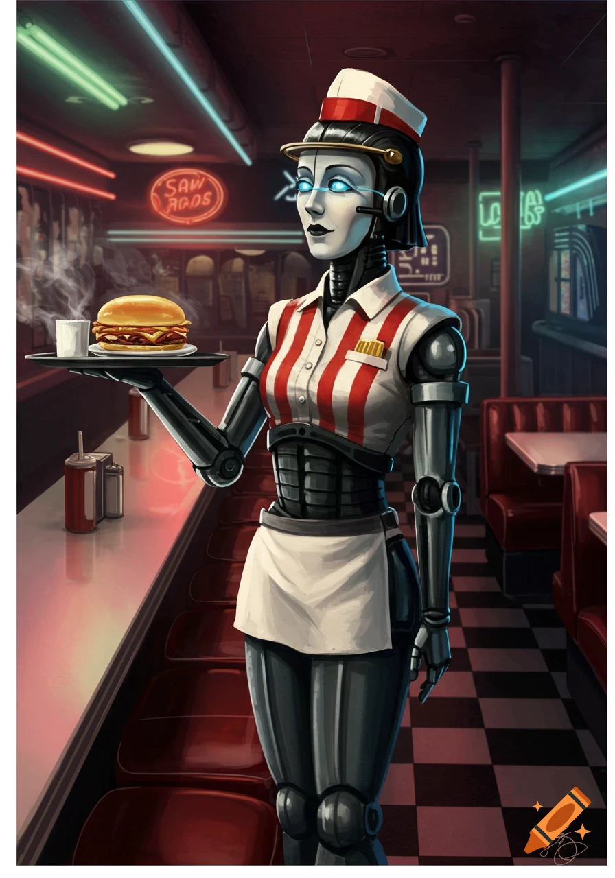 A retro-futuristic robot waitress holds a tray with a burger and a drink in a dimly lit diner with neon signs.