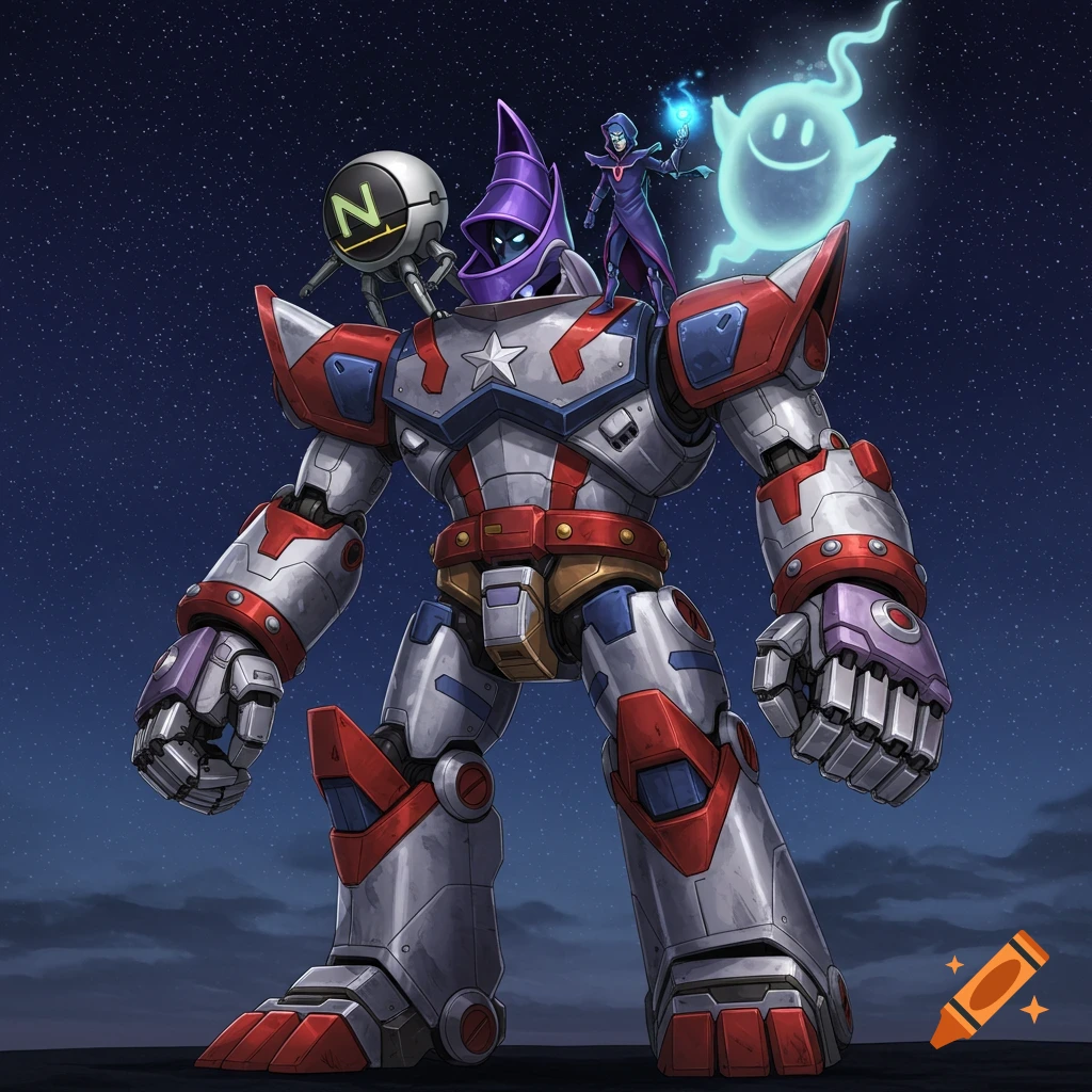A giant Captain America-themed robot under a starry sky, with a Dark Magician, a spherical robot with an N, and a ghost on its shoulders.
