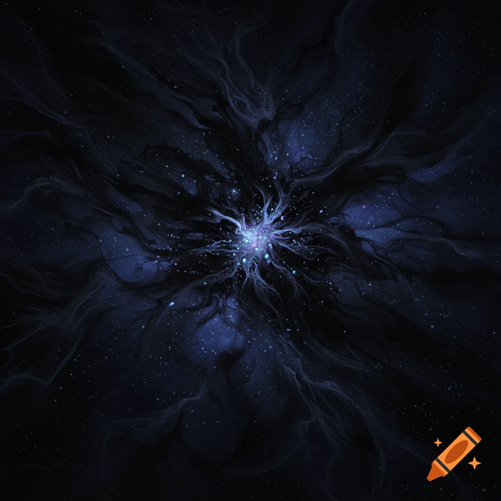 Abstract dark cosmic scene with a bright blue and purple energy burst surrounded by nebulous dark matter and stars.