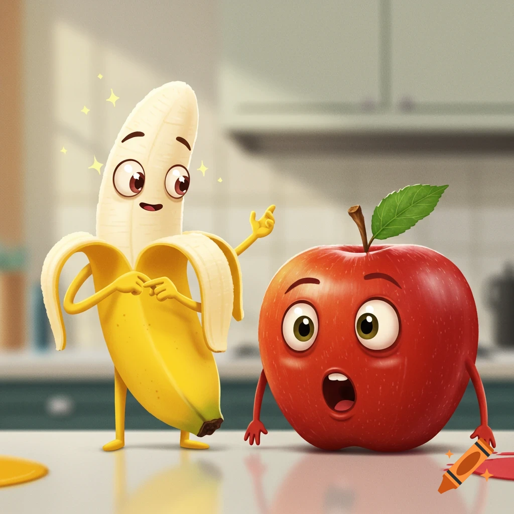 A proud, peeled cartoon banana shows itself to a wide-eyed, shocked cartoon apple on a kitchen counter.