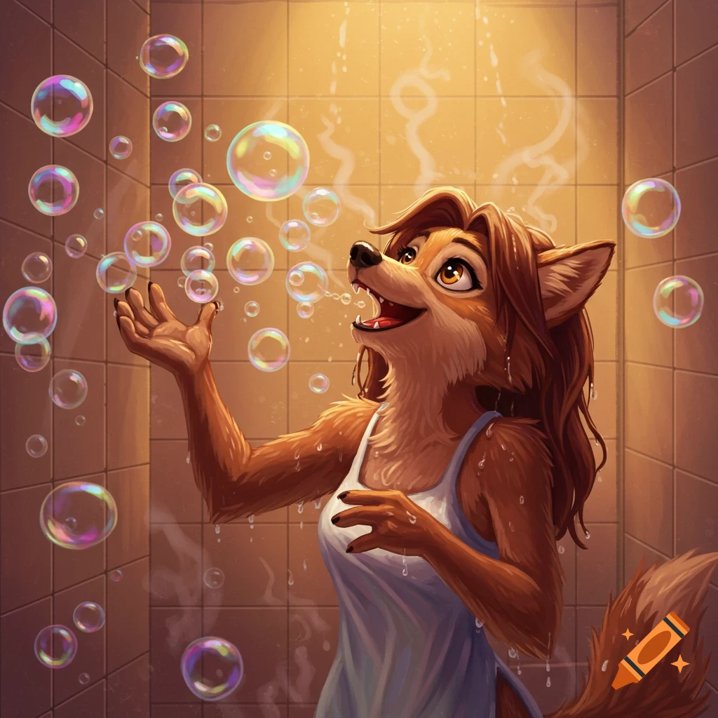 A Disney-style anthropomorphic wolf woman with brown hair blowing colorful bubbles in a steamy shower.