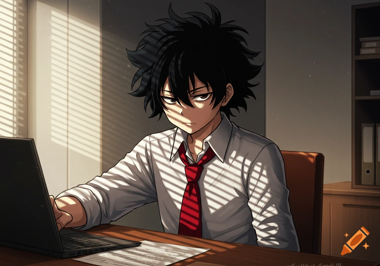 An anime boy with black fluffy hair and narrowed eyes sits at a desk with a laptop, wearing a white shirt and red tie.