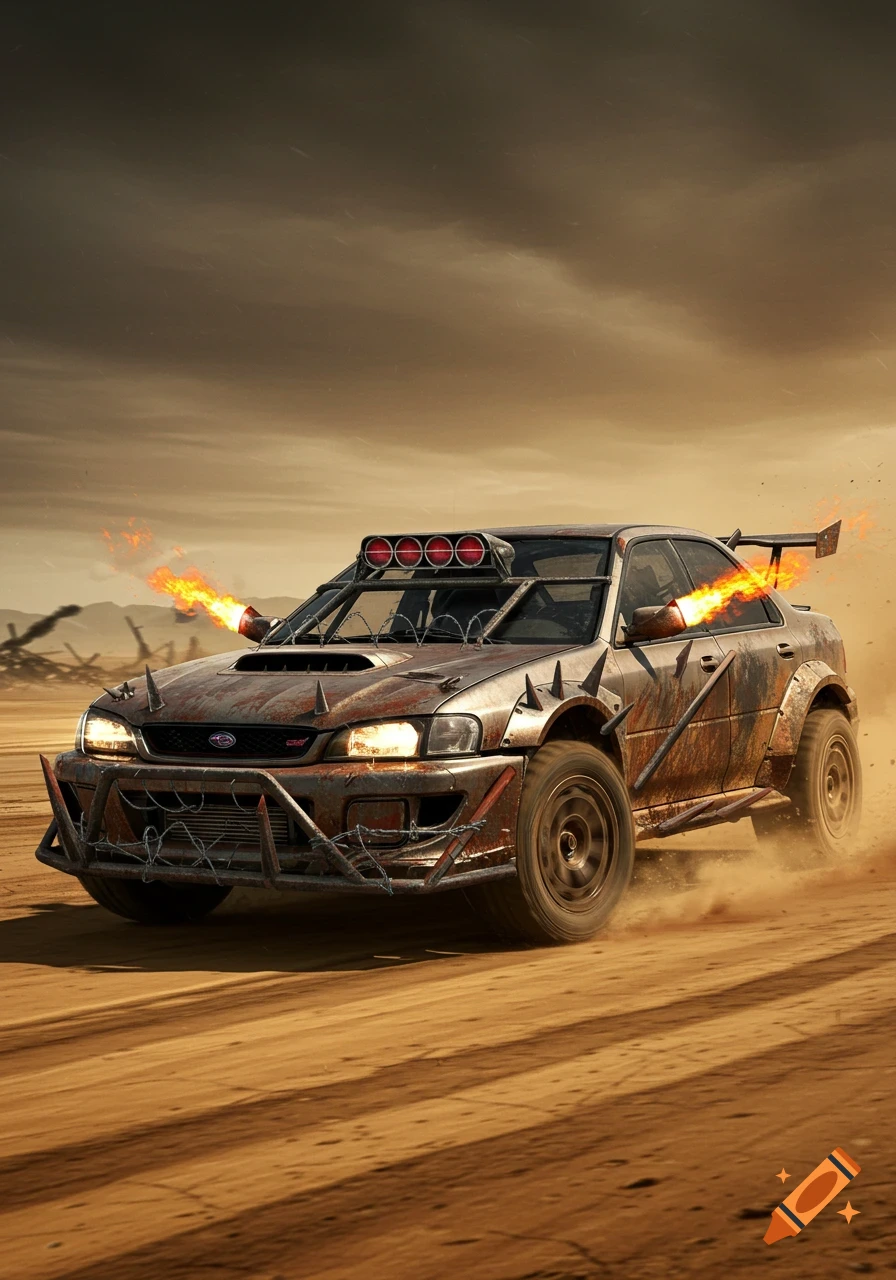 A rusty, spiked post-apocalyptic Subaru WRX STi racecar with flames from its exhaust drives on a dusty desert road under a stormy sky.
