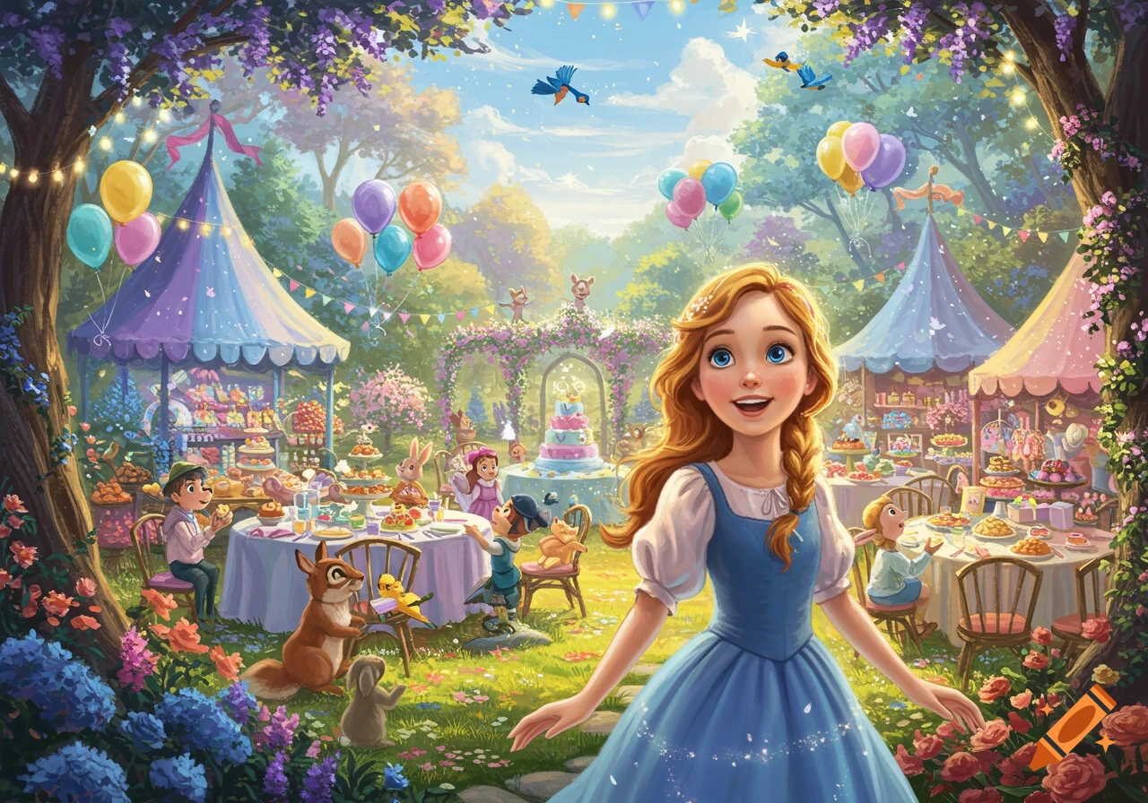 A vibrant Disney-style illustration of a happy girl in a blue dress at a whimsical garden party with forest animals, balloons, and sweets.