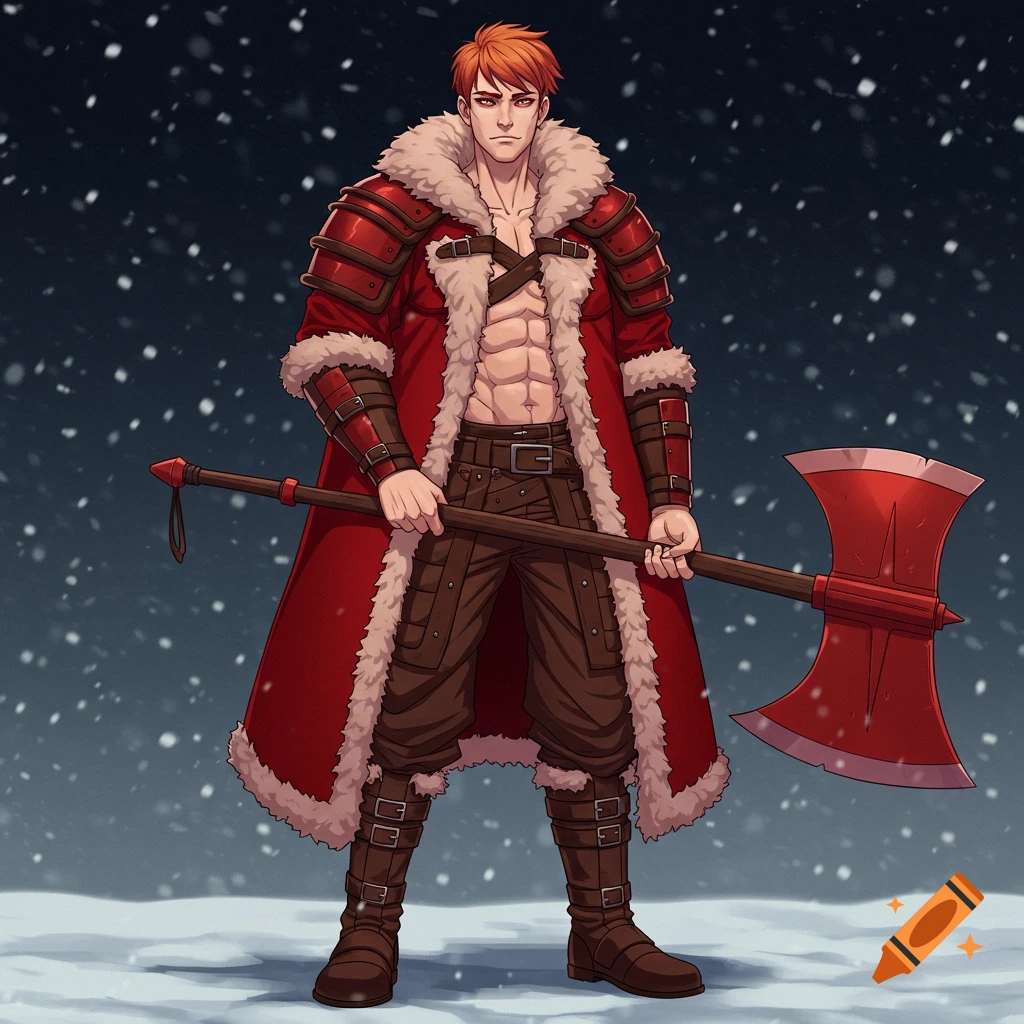 A muscular male warrior with red hair and red eyes stands in a snowy landscape, wearing a red fur-trimmed coat over warrior attire and holding a large red axe, in an anime style.