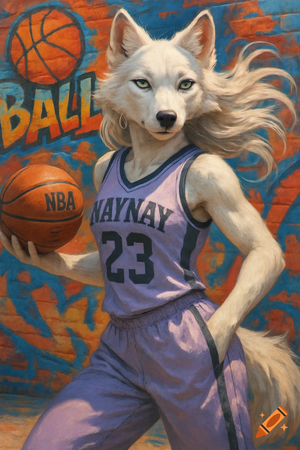 An anthropomorphic white wolf woman in a purple basketball jersey and sweatpants holds an NBA basketball against a vibrant graffiti wall.