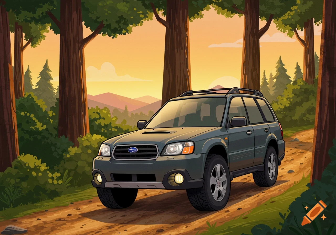 Cartoon-style dark grey SUV on a dirt road in a lush forest with tall trees and a sunset sky.