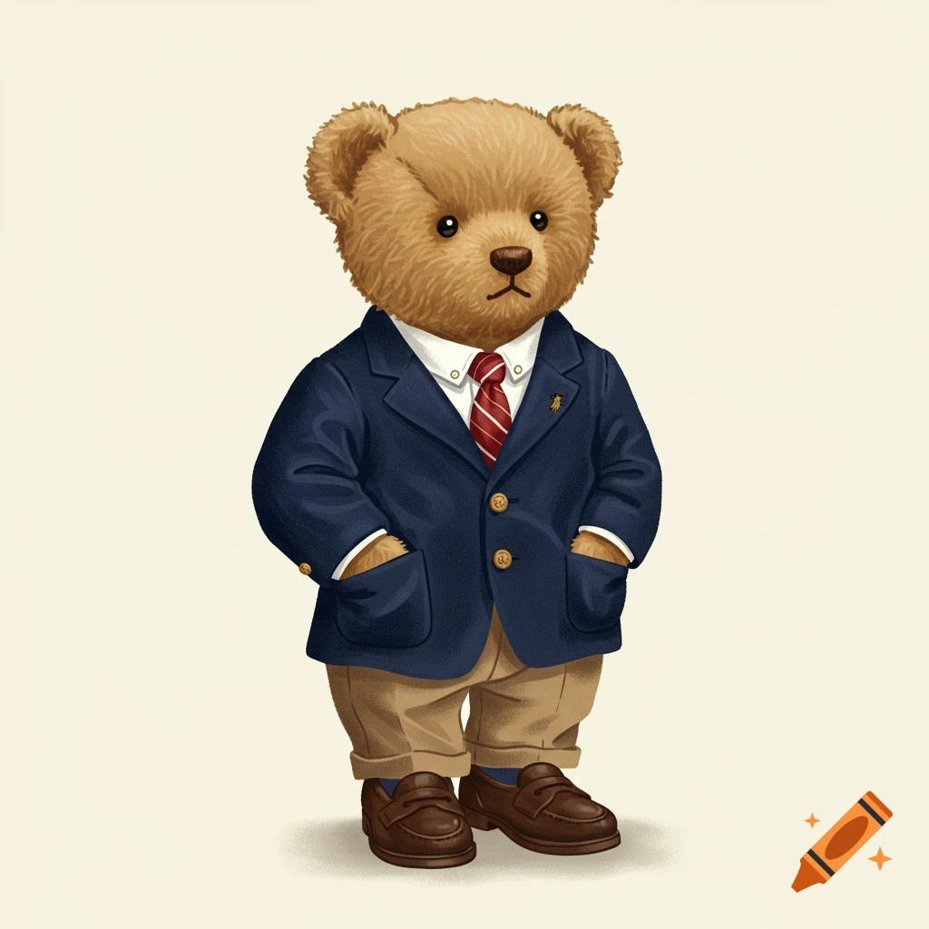 2D vector illustration of a vintage teddy bear in a navy blazer, red tie, and loafers, standing confidently with paws in pockets on a cream background.