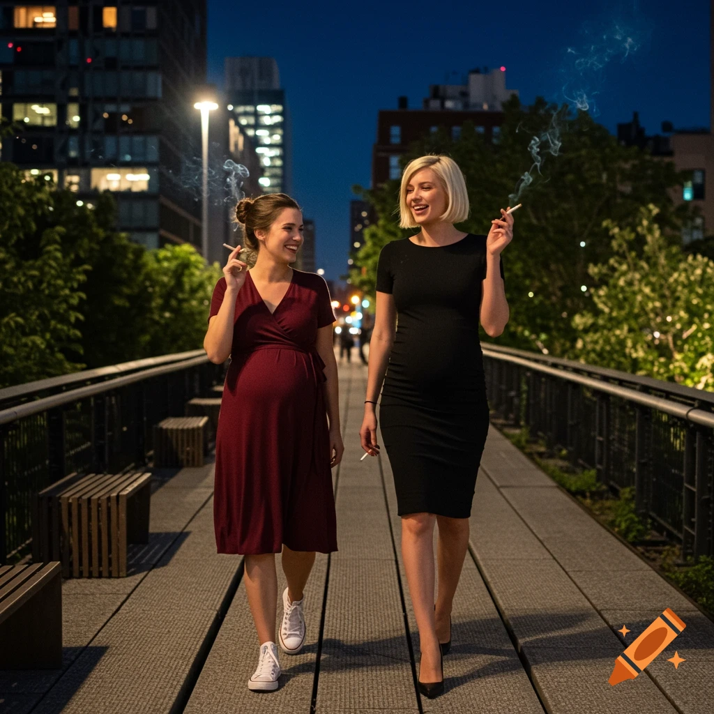 Two pregnant women in dresses smoke cigarettes while walking and laughing on a city park bridge at night.