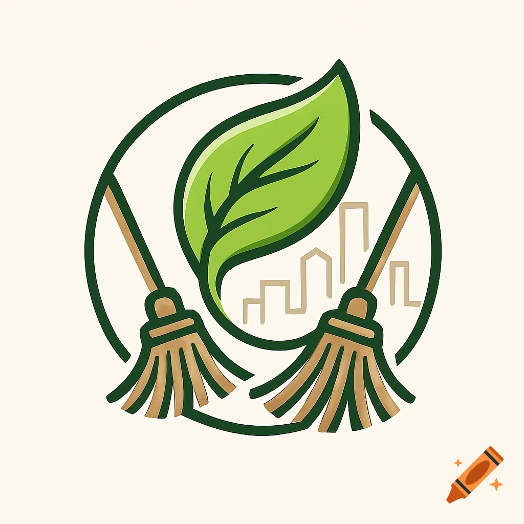 A logo for ecological street cleaning, featuring two brooms, a green leaf, and a city skyline within a circle.