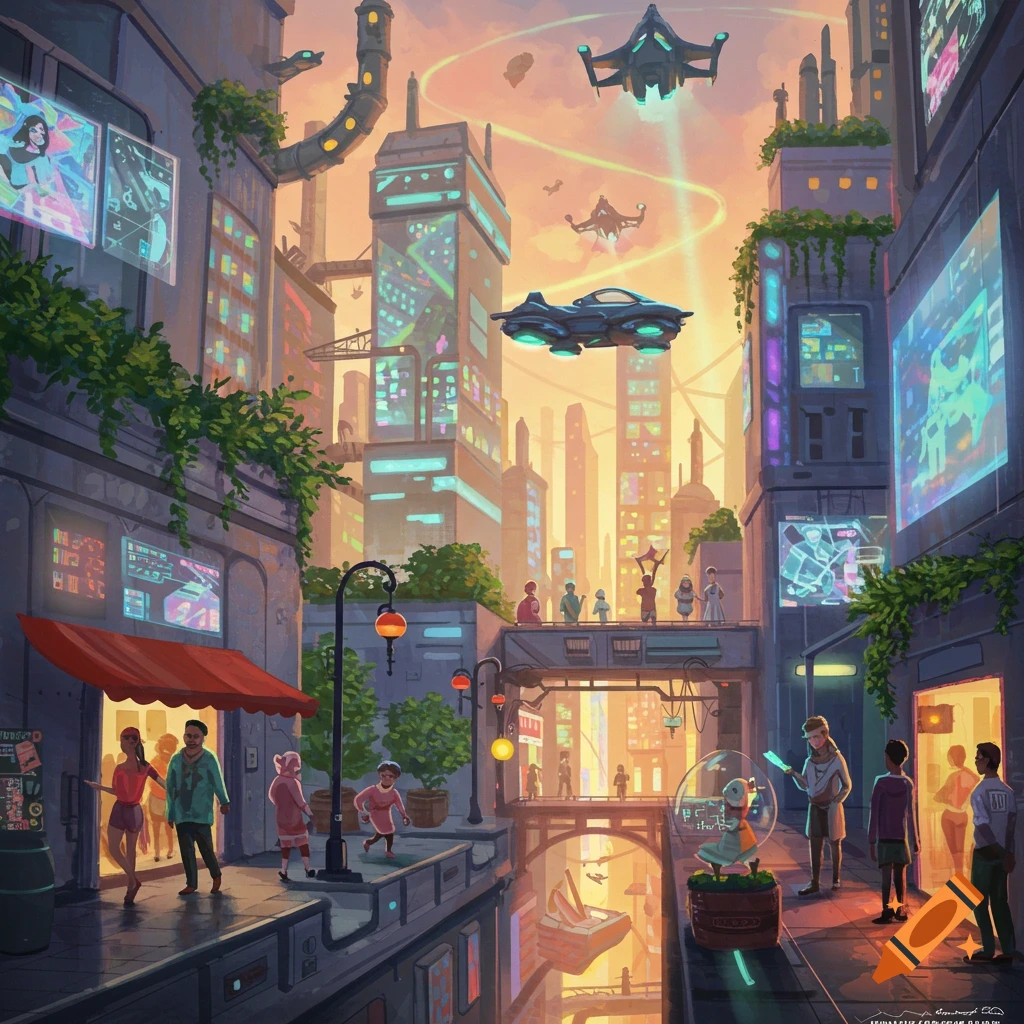 A vibrant, colorful, futuristic cityscape at sunset, with flying vehicles, glowing buildings, and people strolling along streets and canals.