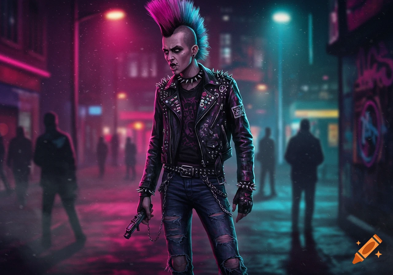 A punk with a pink and blue mohawk, spiked leather jacket, and ripped jeans stands on a neon-lit urban street, holding a handgun.