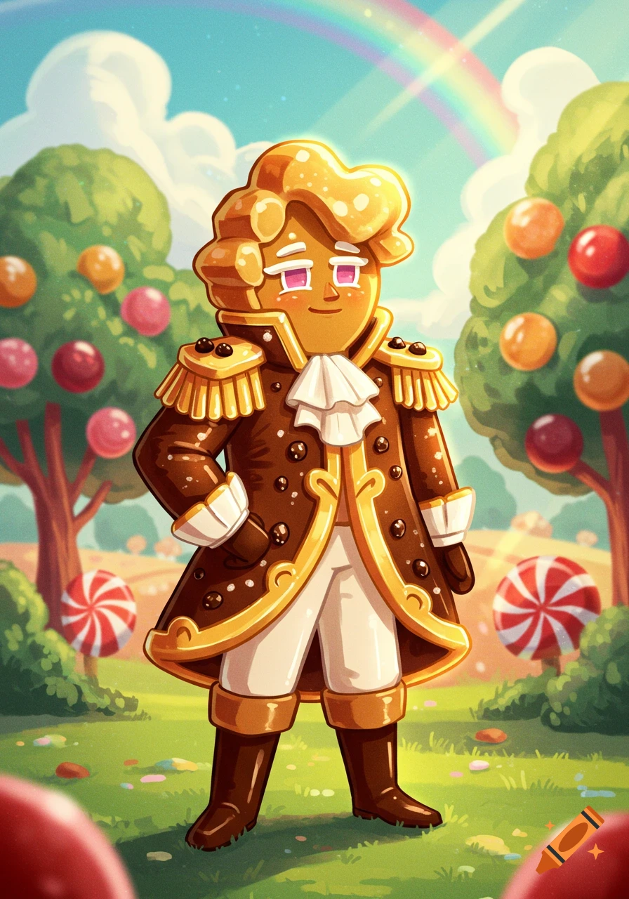A cartoon cookie character in a brown and gold uniform stands in a vibrant candy land with fruit trees, lollipops, and a rainbow.