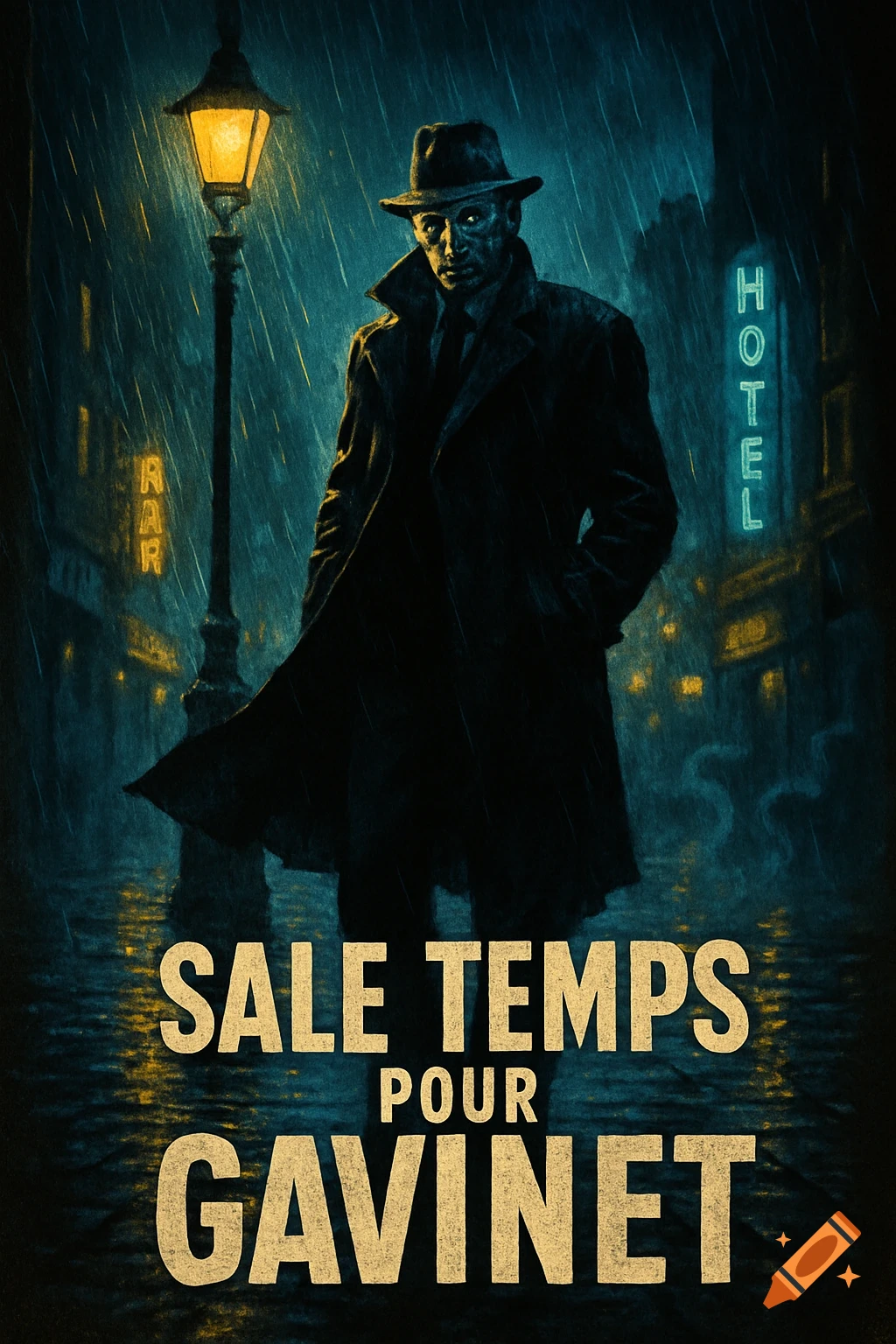 A shadowy detective in a trench coat and fedora stands in a rainy, dark city street under a streetlamp, with neon signs in the background. The poster title reads "SALE TEMPS POUR GAVINET".