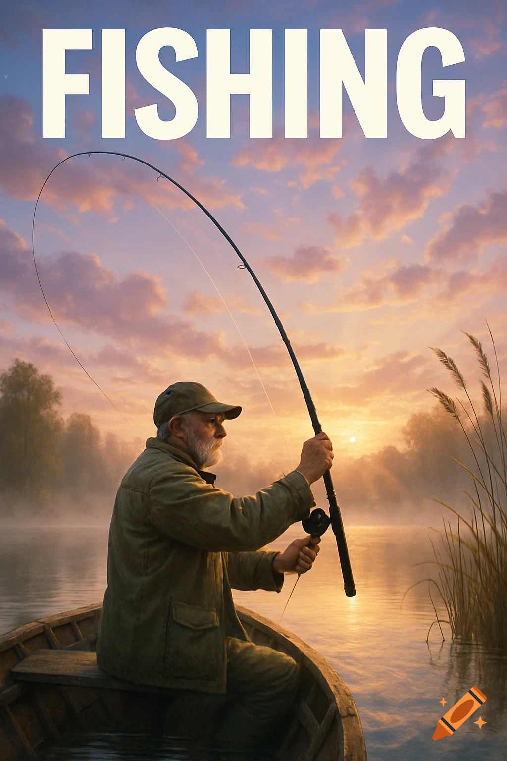 An old man fishes from a wooden boat on a misty lake at sunset, with 'FISHING' text above.