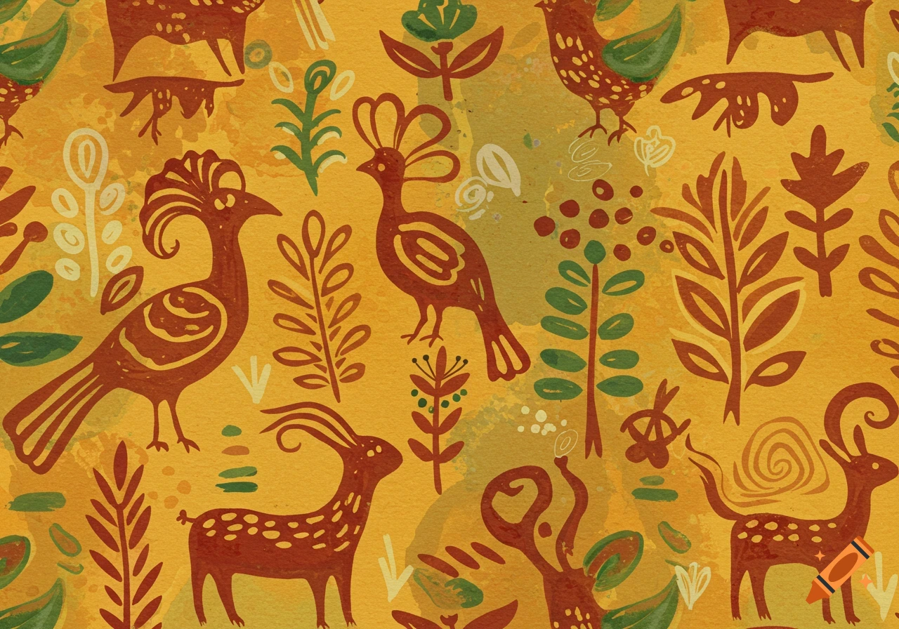 A primitive folk art watercolor pattern of brown birds, deer, and green plants on an orange-yellow textured background.