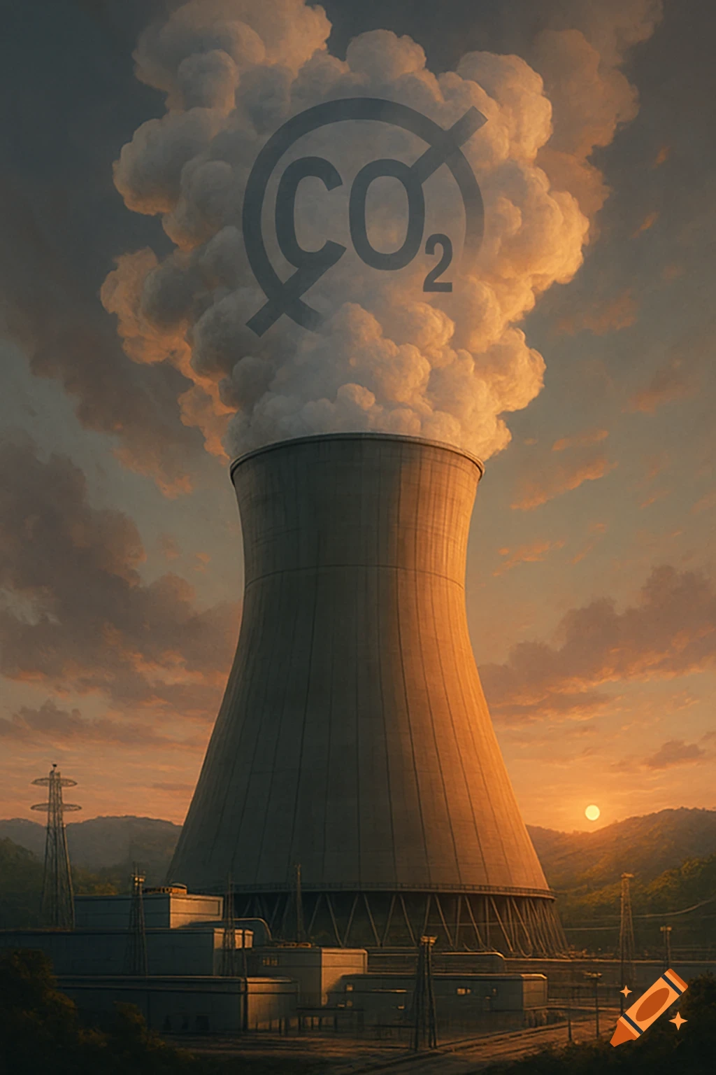 A nuclear cooling tower emits steam with a crossed-out CO2 symbol at sunset, illustrating carbon emission reduction.