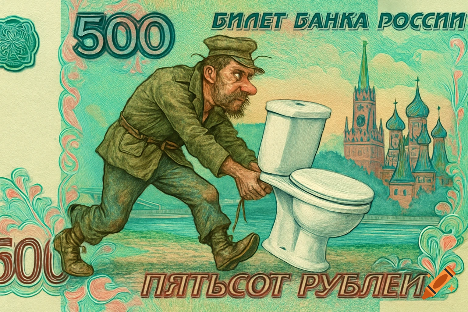 An illustrated 500 ruble banknote shows a bearded man in a cap dragging a toilet past Moscow's Kremlin.