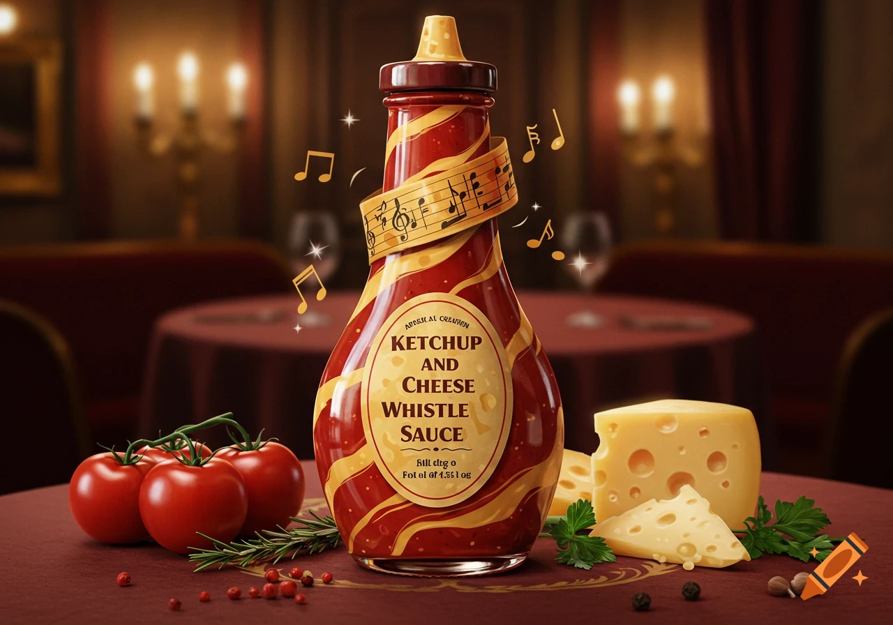 A bottle of "Ketchup and Cheese Whistle Sauce" with musical notes, on a table with tomatoes, cheese, and spices in a dimly lit restaurant.