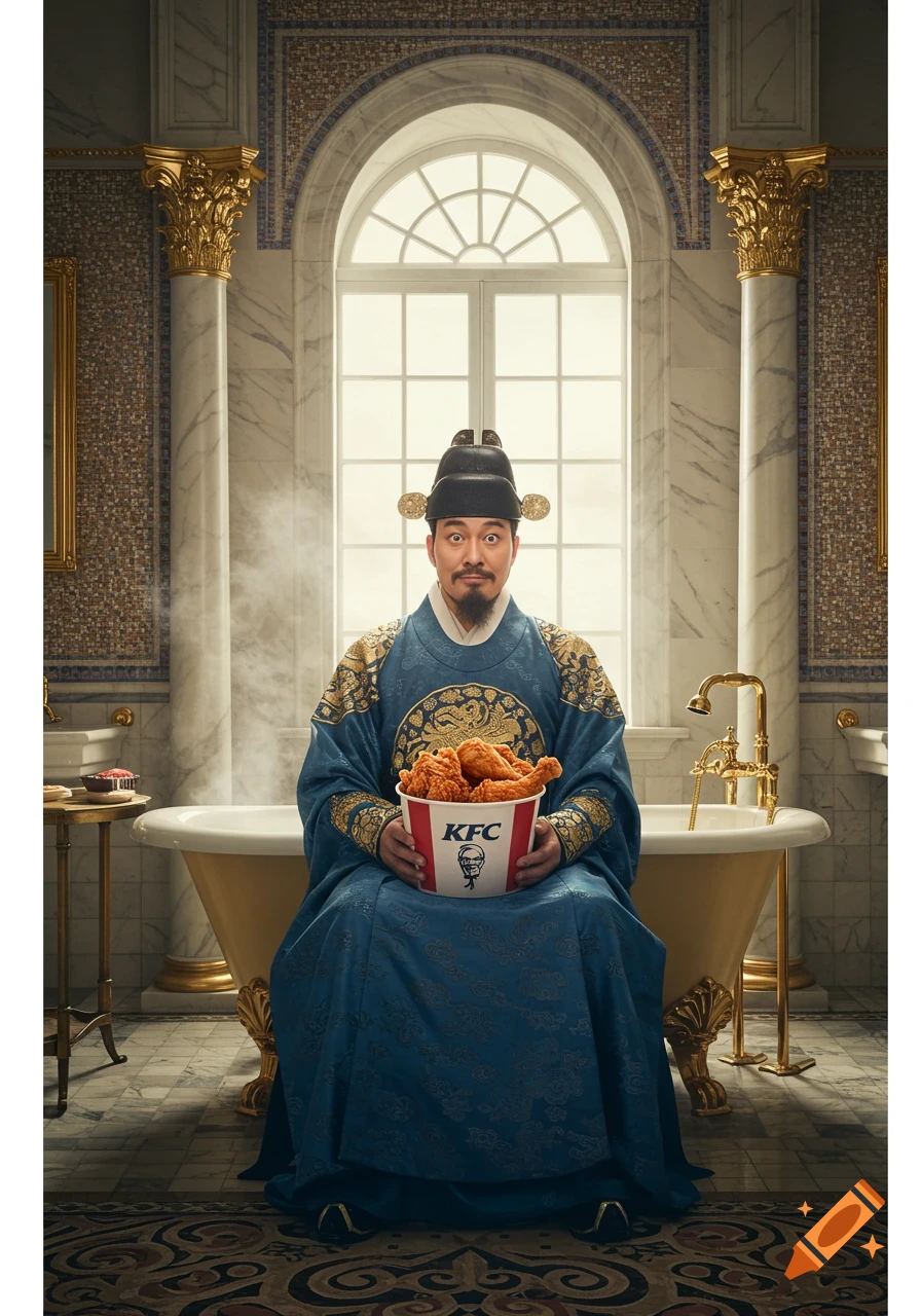 A photorealistic image of a Korean king in traditional attire sitting in a luxurious bathroom with a bucket of KFC.