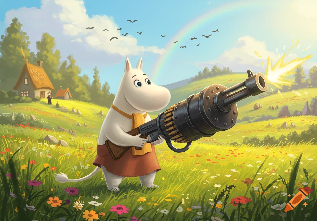 A cartoon Moomin character stands in a sunny, flowery field, firing a large machine gun with a rainbow in the sky.
