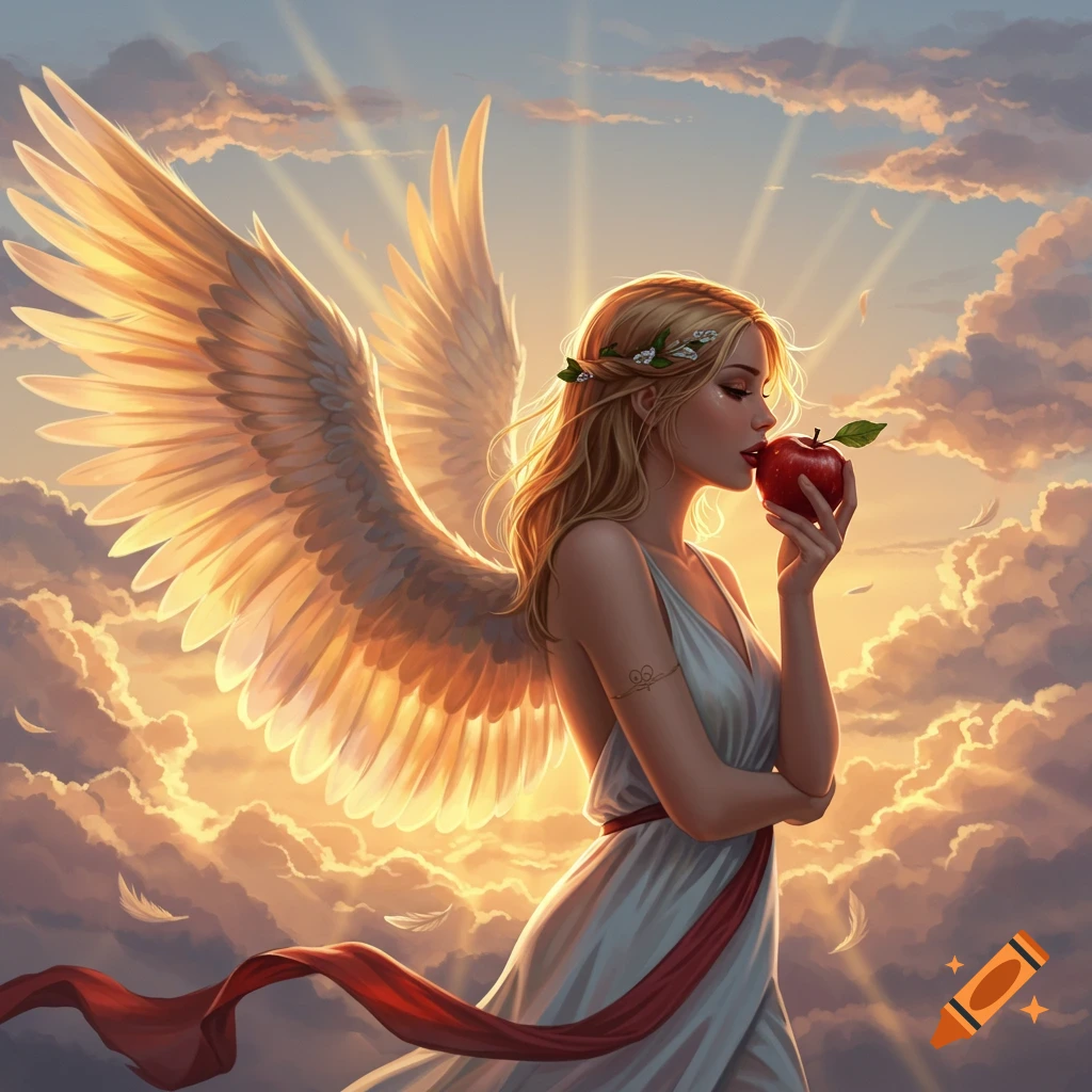 An angelic blonde woman with large golden wings, wearing a white dress and red sash, holds a red apple to her lips against a dramatic sunset sky.