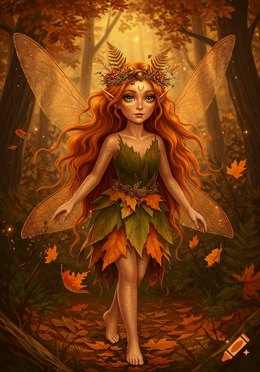 A radiant pixie girl with long red hair, wearing a leaf dress and golden wings, walks through a magical autumn forest with falling leaves.