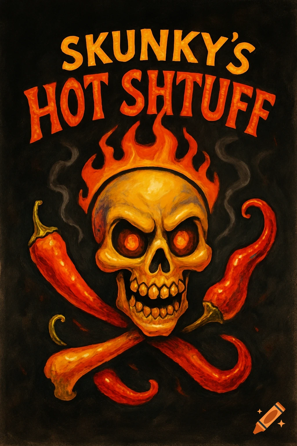 A stylized, flaming skull with glowing eyes and crossed red chili peppers, with text 'SKUNKY'S HOT SHTUFF' on a dark background in an illustrative style.