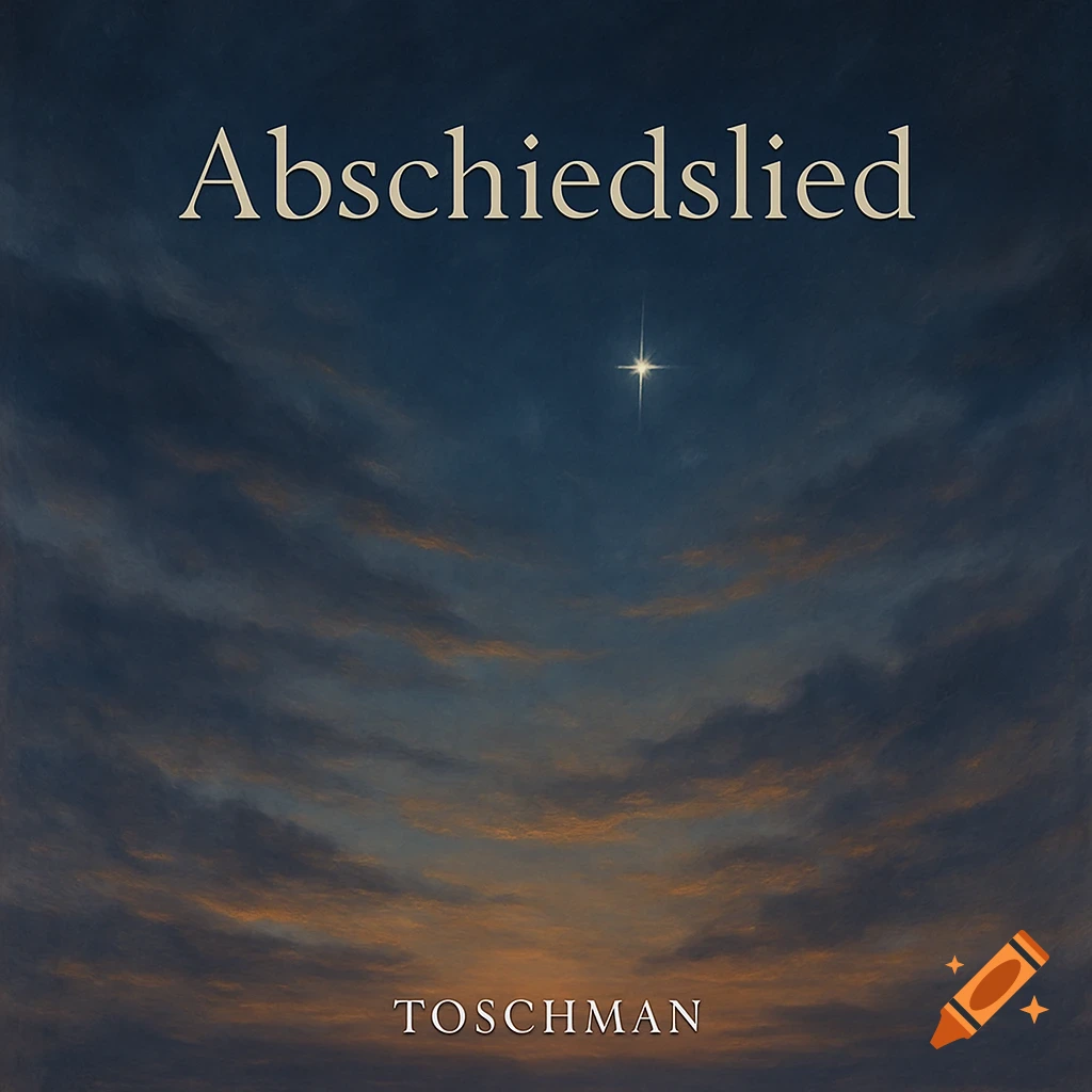 A melancholic, semi-realistic painting of an evening sky with dark clouds, a bright star, and text 'Abschiedslied' and 'TOSCHMAN'.
