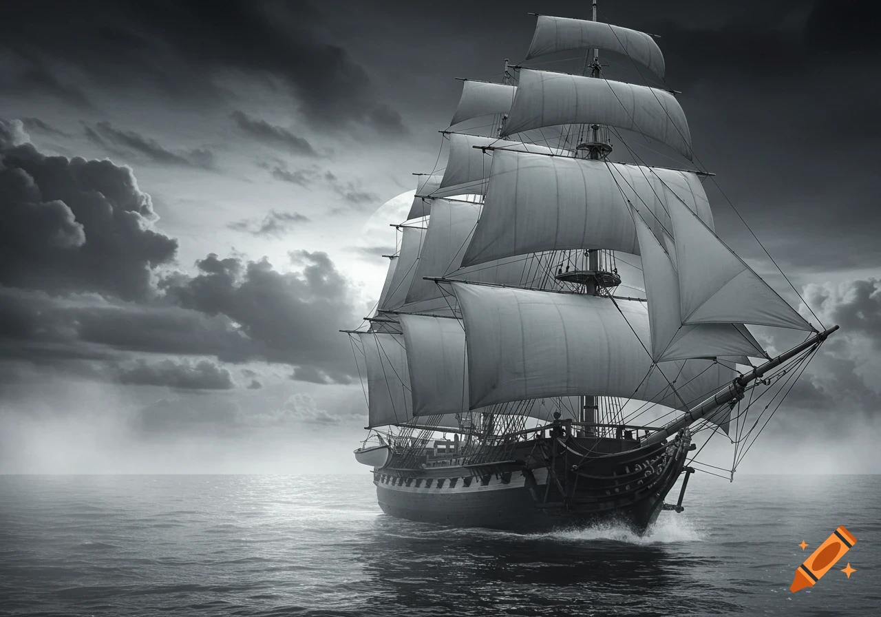 A majestic tall ship with full sails navigates choppy seas under a dramatic, cloudy sky, rendered in black and white.
